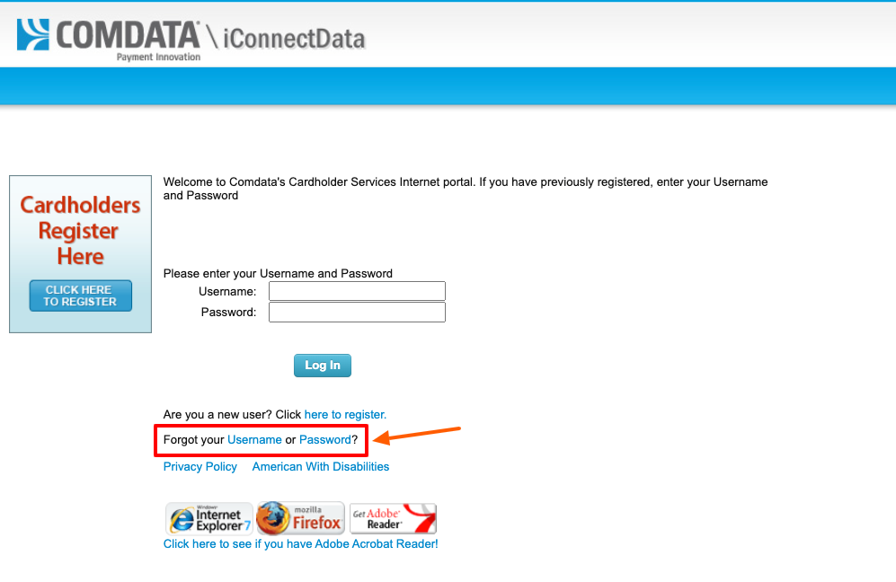 comdata card forgot password page