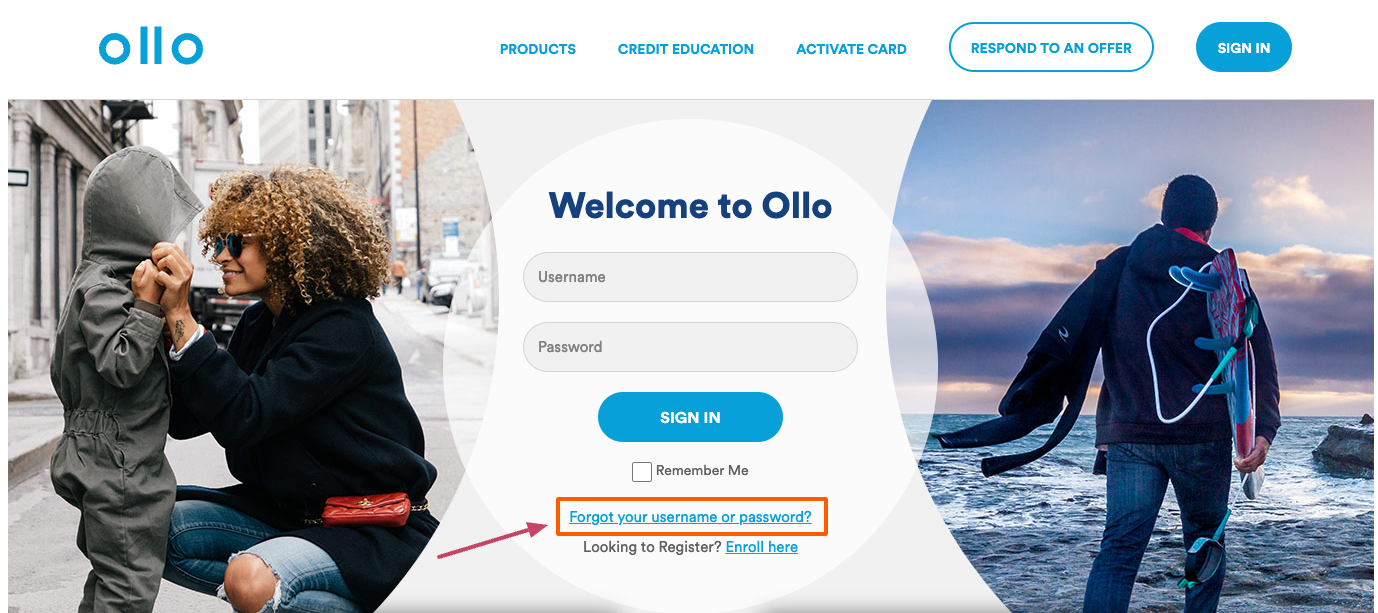 Ollo Credit Card forgot username and password page