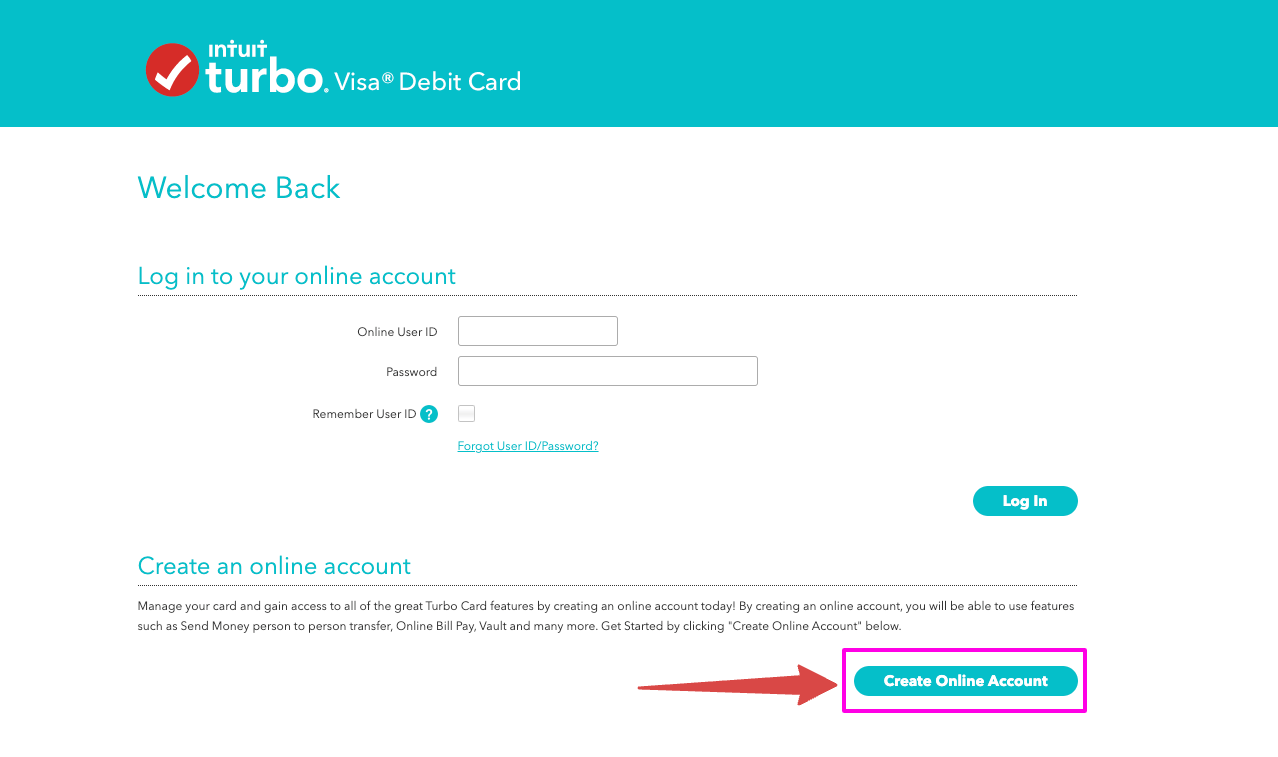 Turbo Prepaid Card create account page