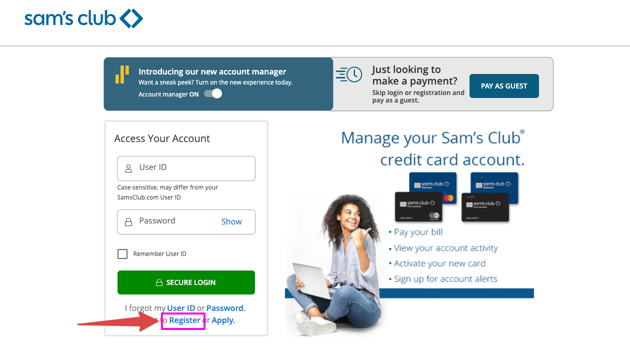 sams club credit card register