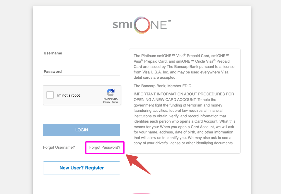 smiONE card forgot password