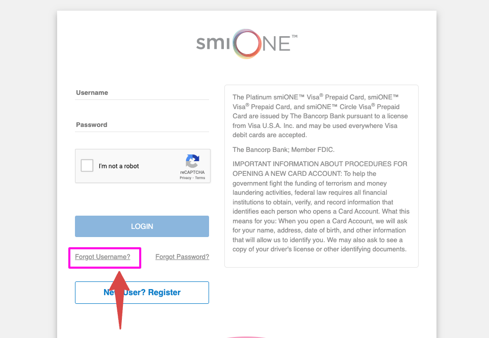 smiONE card forgot username