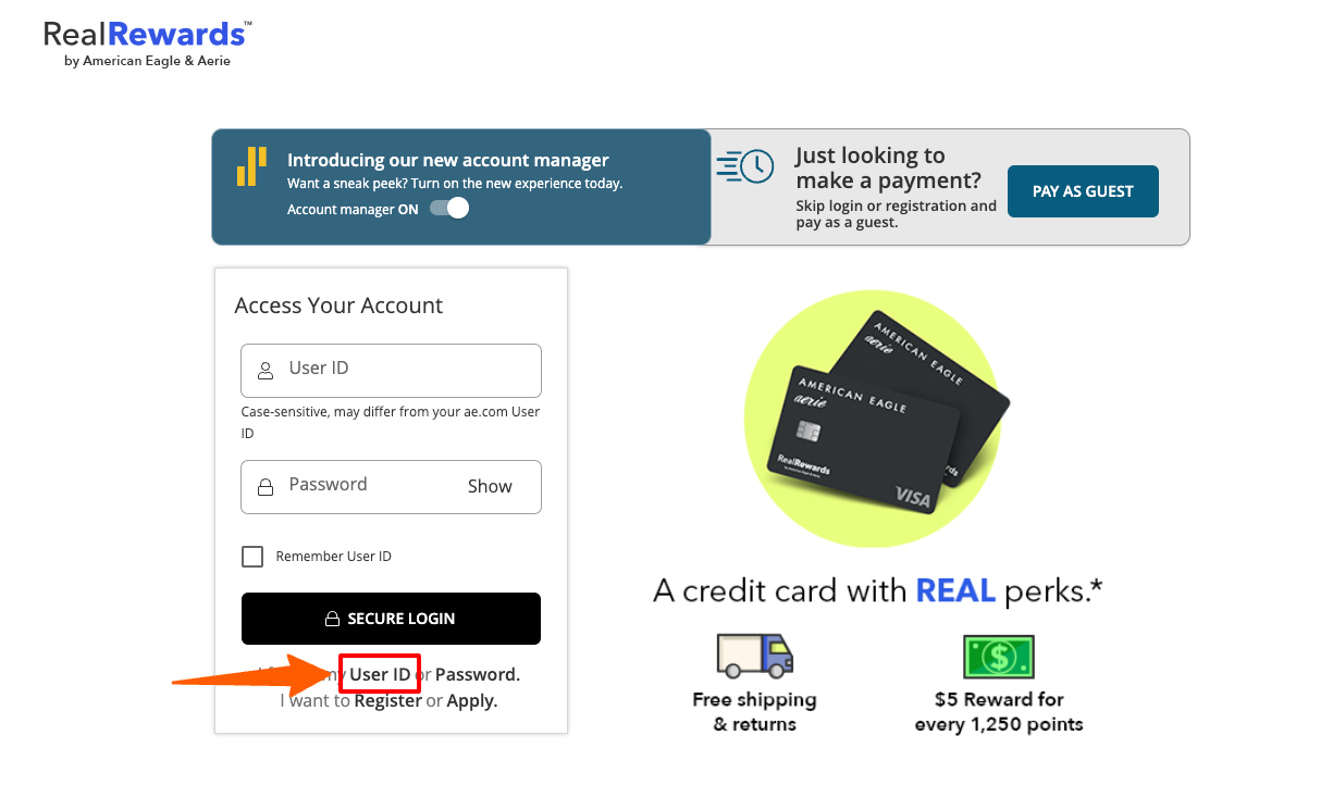 reset user id for American Eagle Credit Card 
